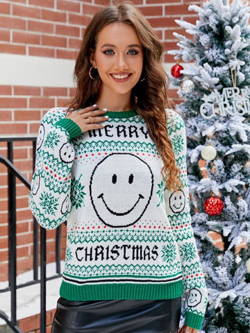 Woochic pull de Noël tricoté motif de visage souriant